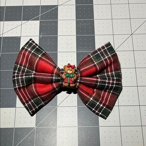 Festive Plaid Hair Bow with Teddy Bear Accent